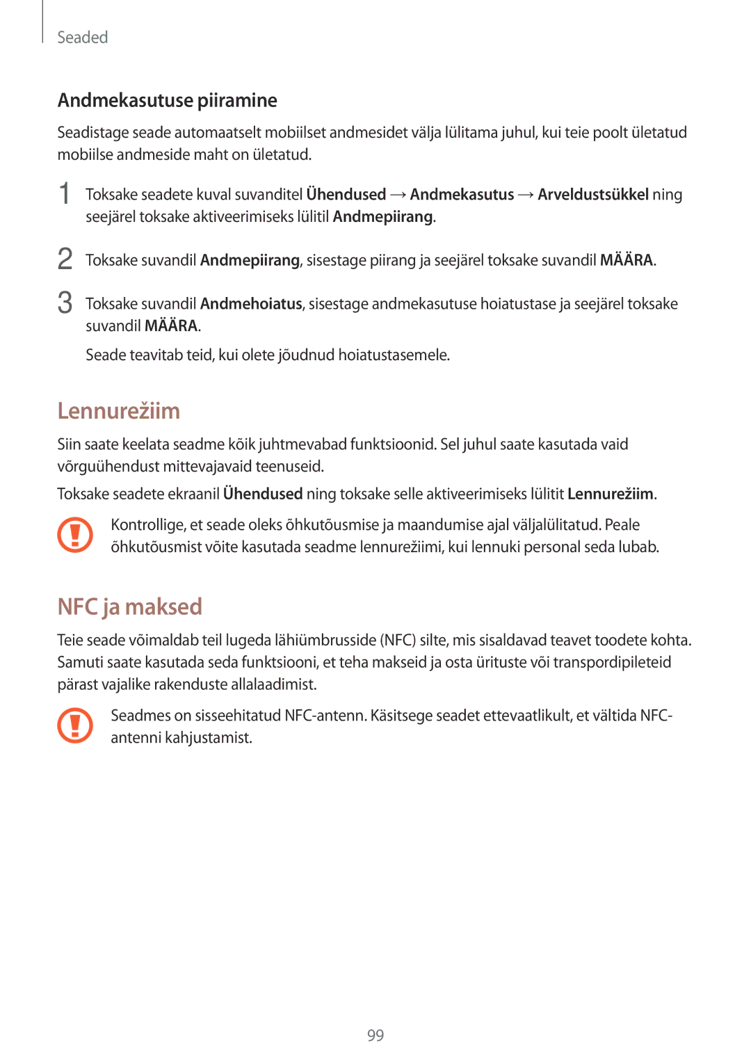 Samsung SM-G390FZKASEB manual Lennurežiim, NFC ja maksed, Andmekasutuse piiramine 