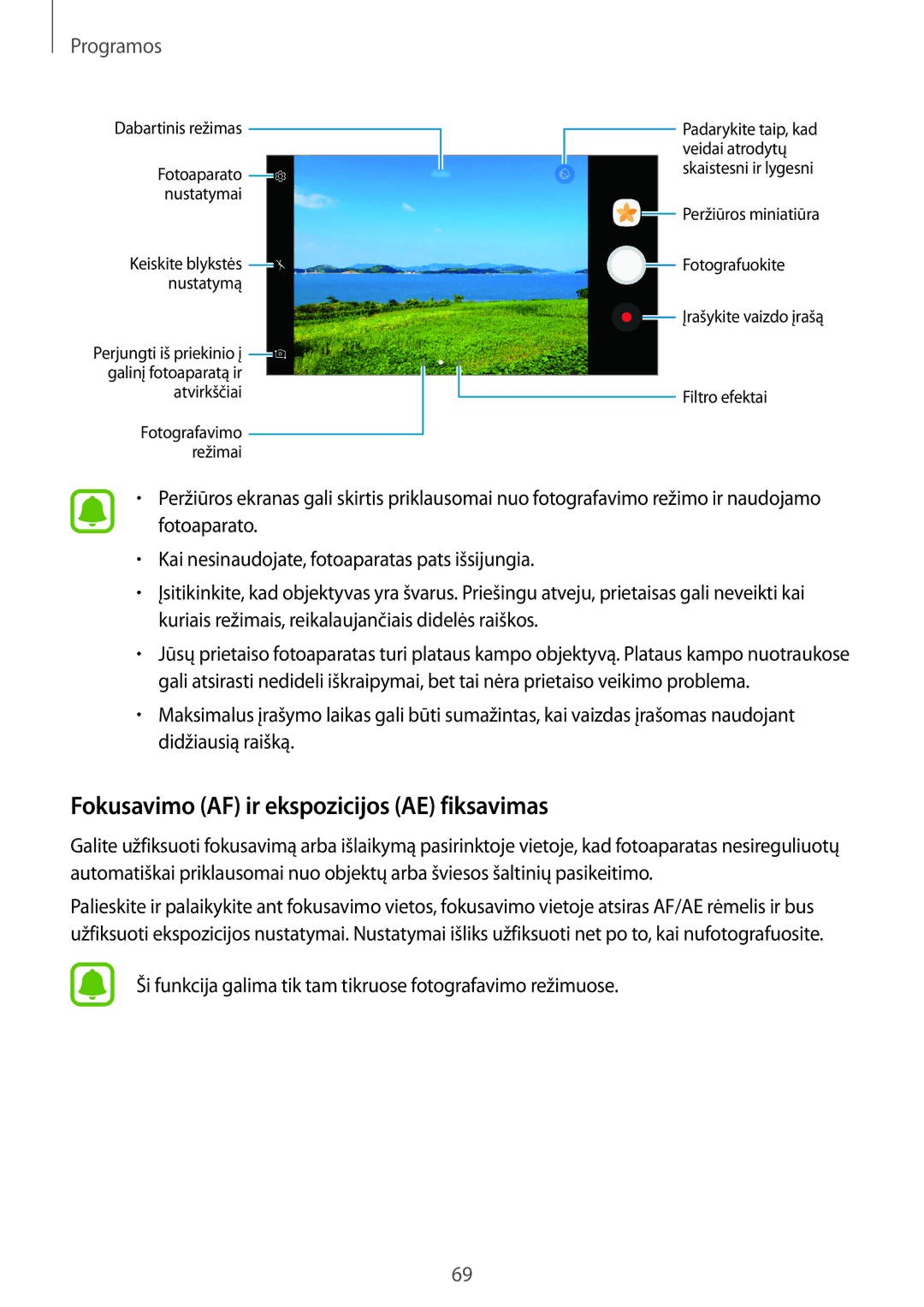 Samsung SM-G390FZKASEB manual Fokusavimo AF ir ekspozicijos AE fiksavimas 