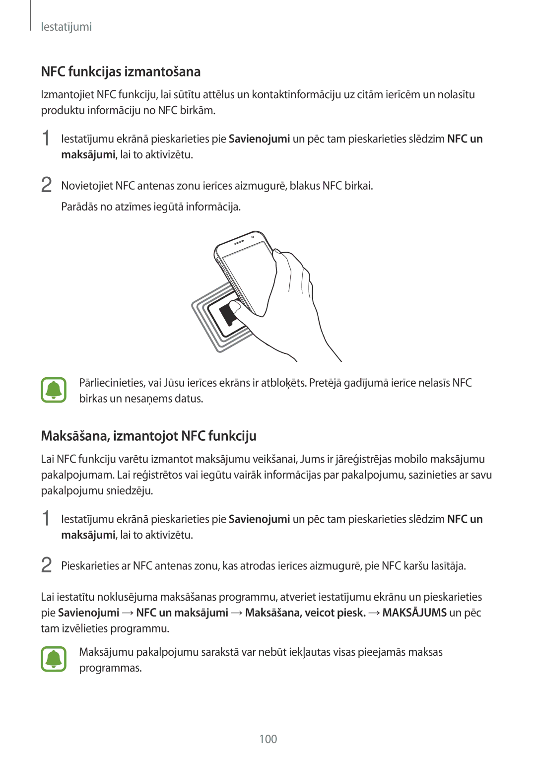 Samsung SM-G390FZKASEB manual NFC funkcijas izmantošana, Maksāšana, izmantojot NFC funkciju, Maksājumi, lai to aktivizētu 