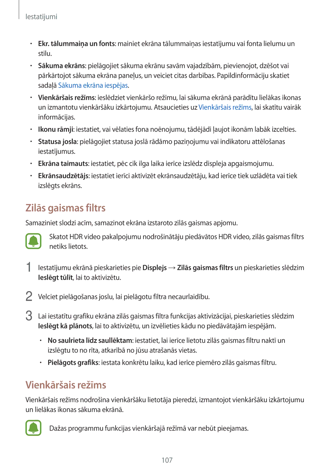 Samsung SM-G390FZKASEB manual Zilās gaismas filtrs, Vienkāršais režīms 