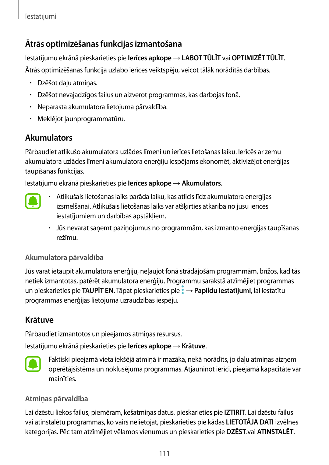 Samsung SM-G390FZKASEB manual Ātrās optimizēšanas funkcijas izmantošana, Akumulators, Krātuve 