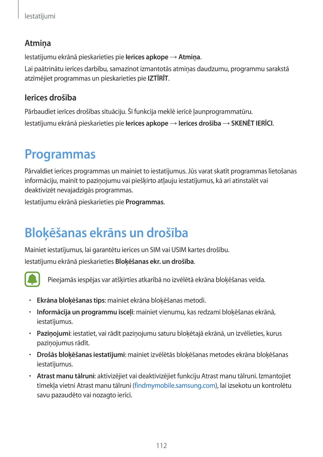 Samsung SM-G390FZKASEB manual Programmas, Bloķēšanas ekrāns un drošība, Atmiņa, Ierīces drošība 