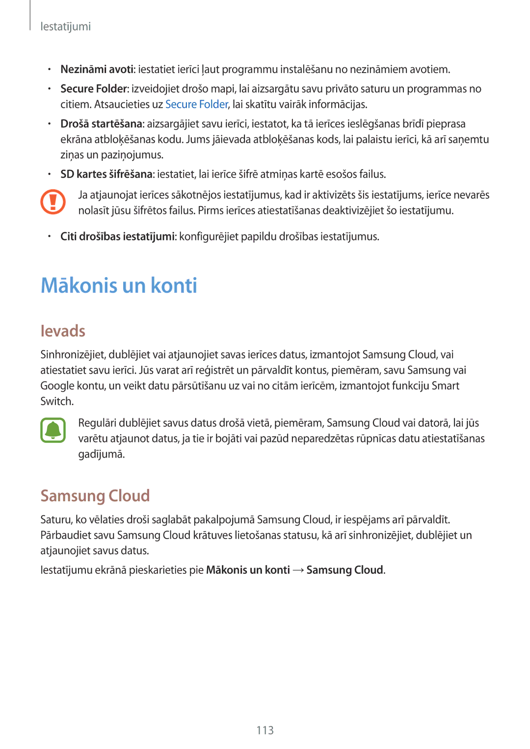 Samsung SM-G390FZKASEB manual Mākonis un konti, Samsung Cloud 