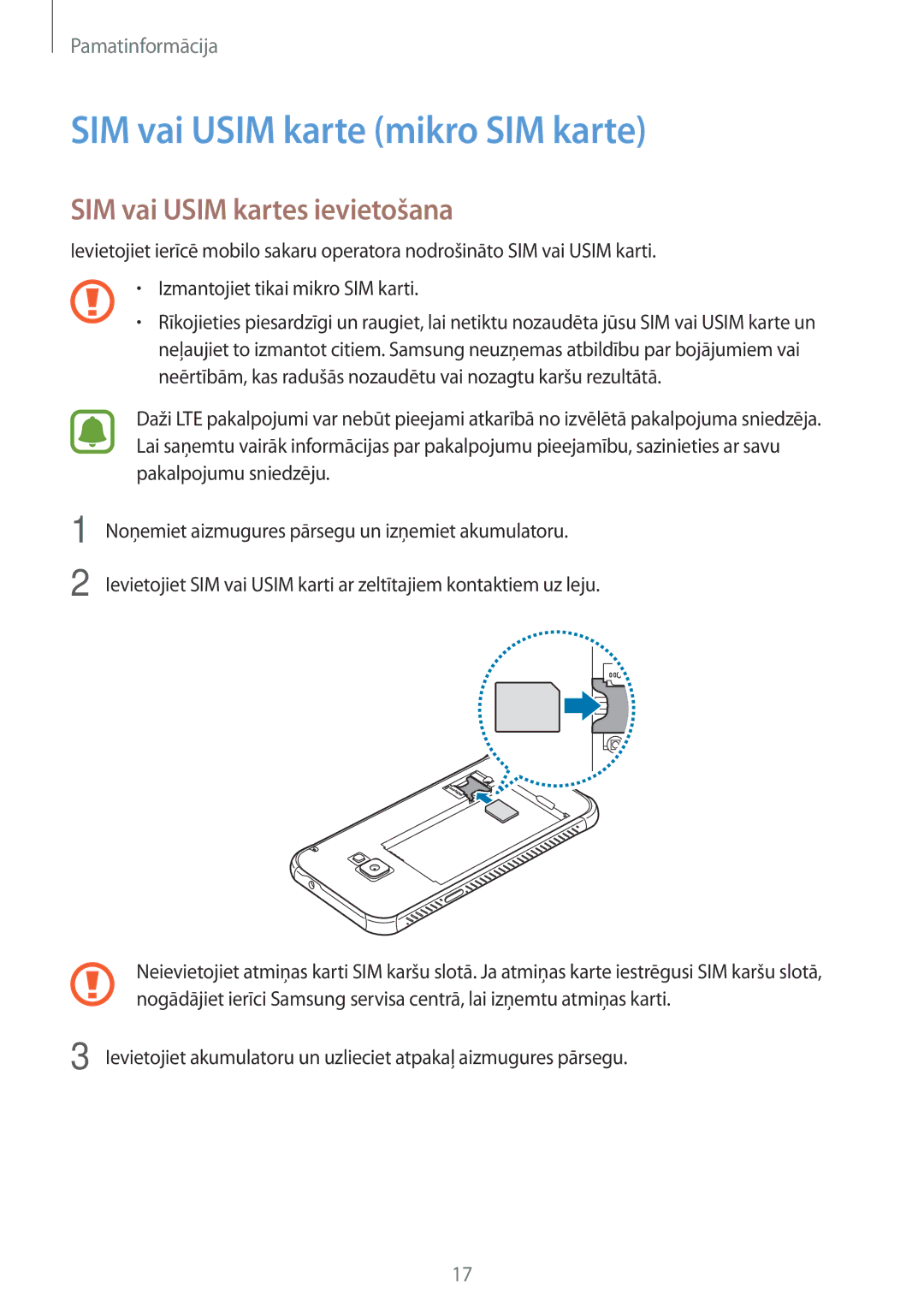 Samsung SM-G390FZKASEB manual SIM vai Usim karte mikro SIM karte, SIM vai Usim kartes ievietošana 