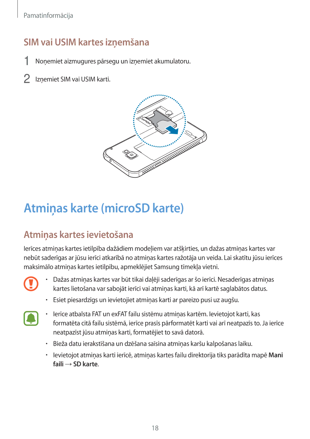 Samsung SM-G390FZKASEB manual Atmiņas karte microSD karte, SIM vai Usim kartes izņemšana, Atmiņas kartes ievietošana 