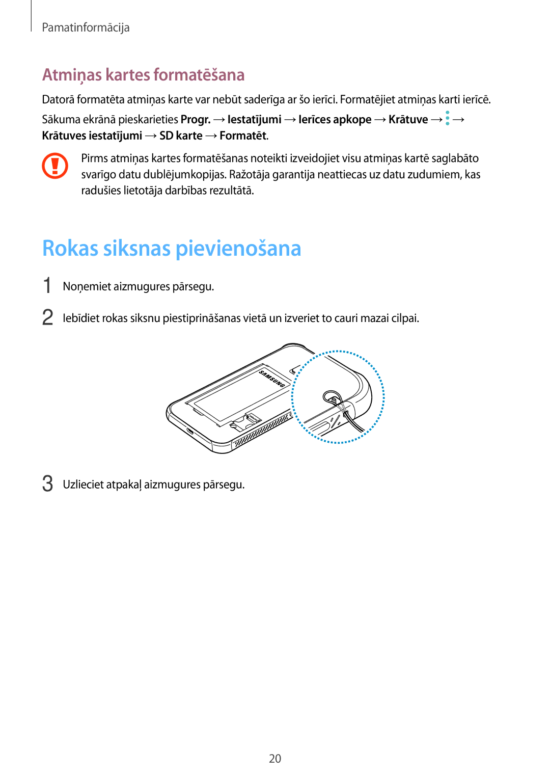 Samsung SM-G390FZKASEB manual Rokas siksnas pievienošana, Atmiņas kartes formatēšana 