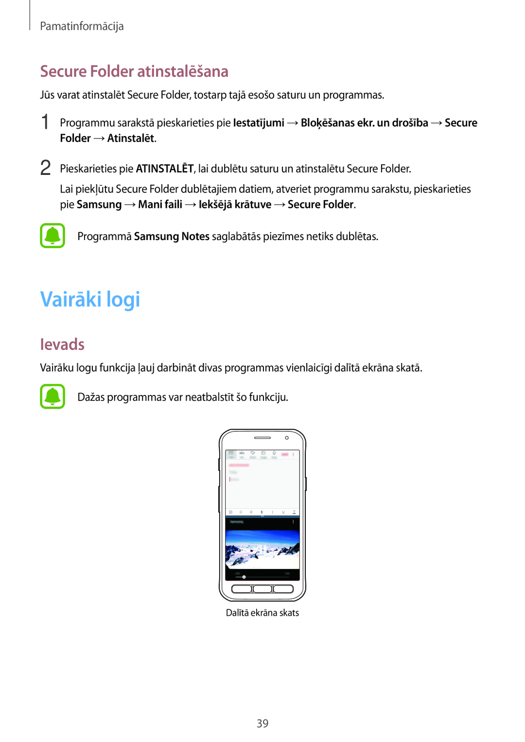 Samsung SM-G390FZKASEB manual Vairāki logi, Secure Folder atinstalēšana 