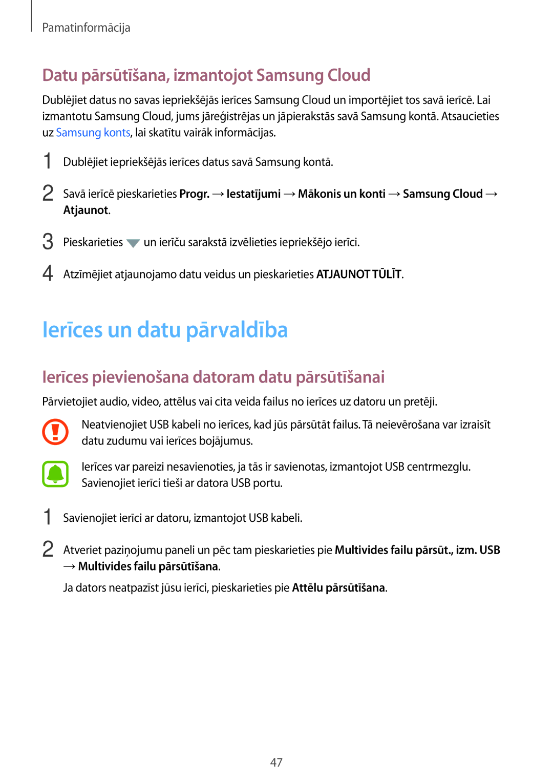 Samsung SM-G390FZKASEB manual Ierīces un datu pārvaldība, Datu pārsūtīšana, izmantojot Samsung Cloud 