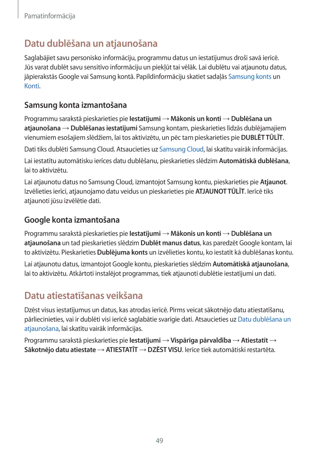 Samsung SM-G390FZKASEB manual Datu dublēšana un atjaunošana, Datu atiestatīšanas veikšana, Samsung konta izmantošana 