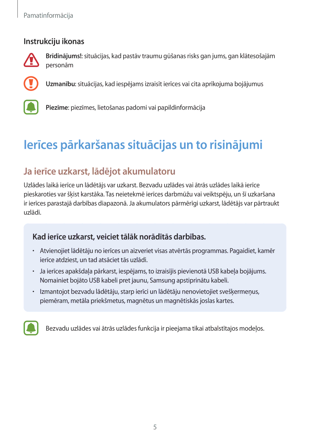 Samsung SM-G390FZKASEB manual Ja ierīce uzkarst, lādējot akumulatoru, Instrukciju ikonas 