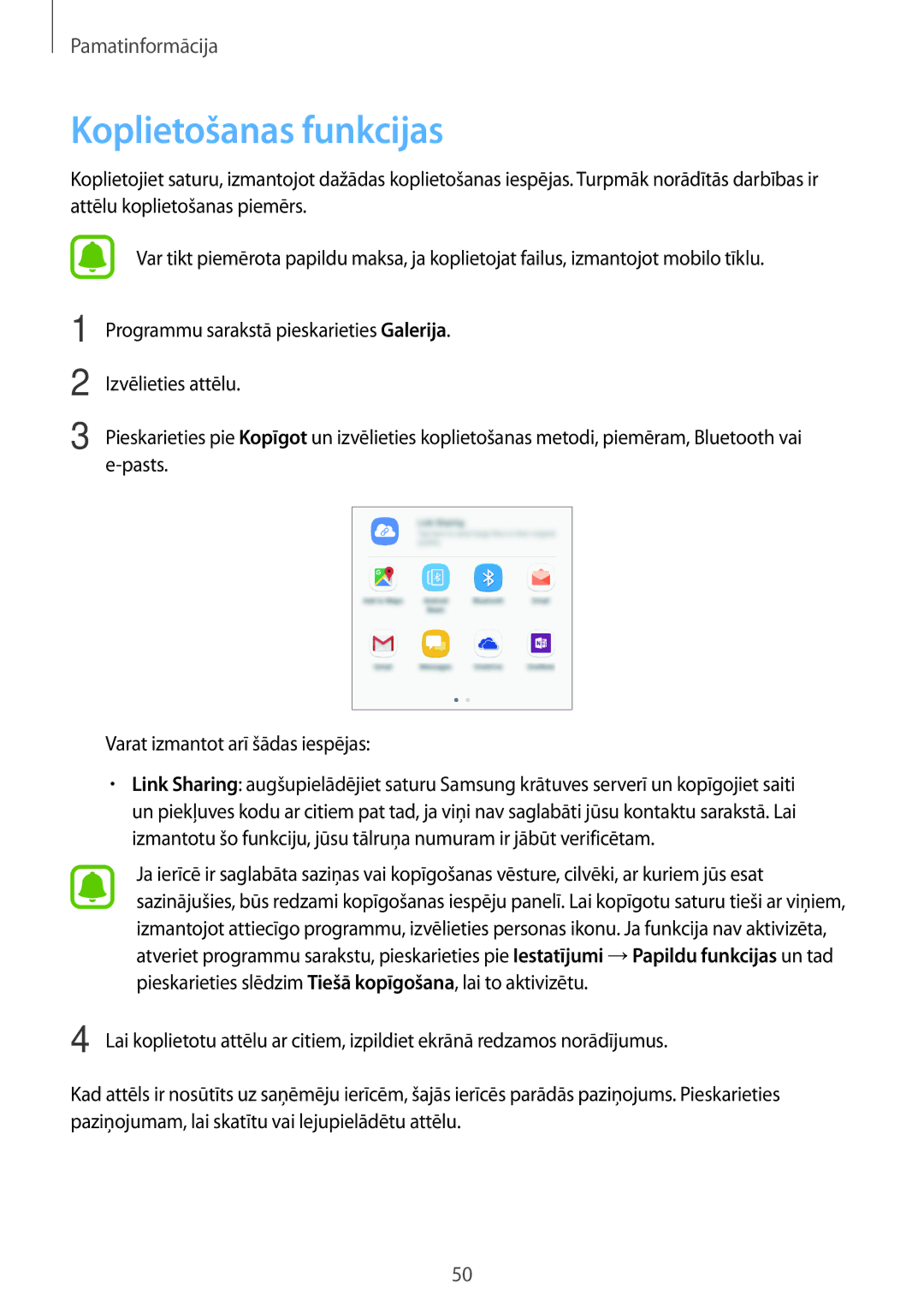 Samsung SM-G390FZKASEB manual Koplietošanas funkcijas 