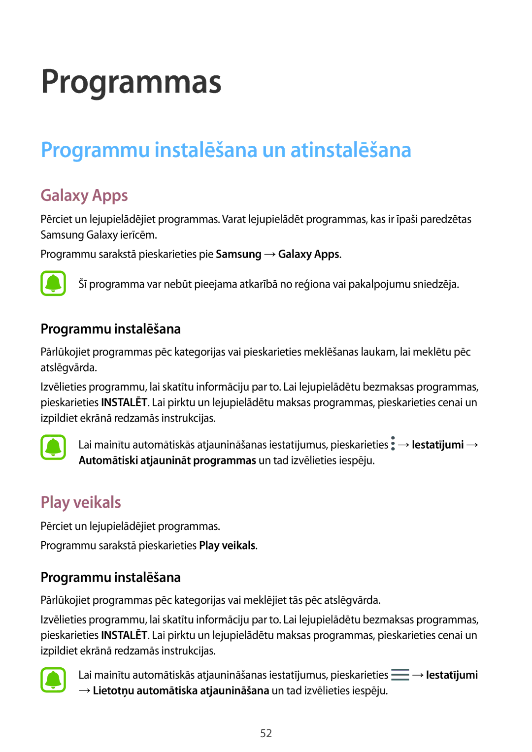 Samsung SM-G390FZKASEB manual Programmu instalēšana un atinstalēšana, Galaxy Apps, Play veikals 