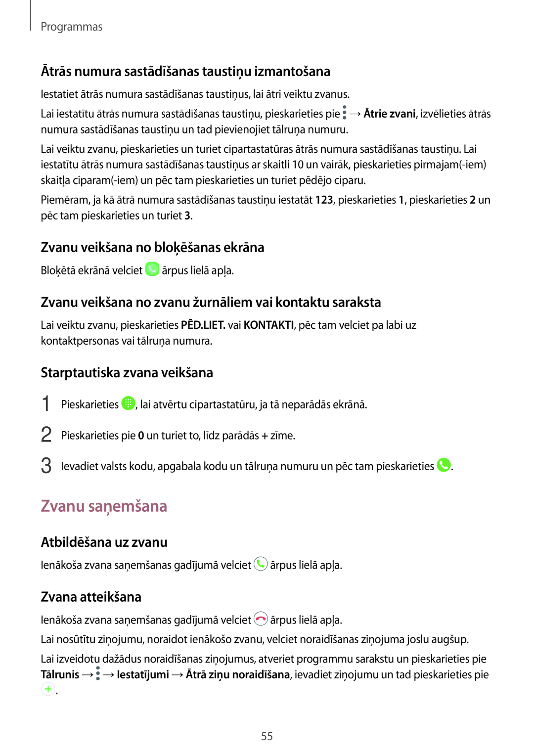 Samsung SM-G390FZKASEB manual Zvanu saņemšana 