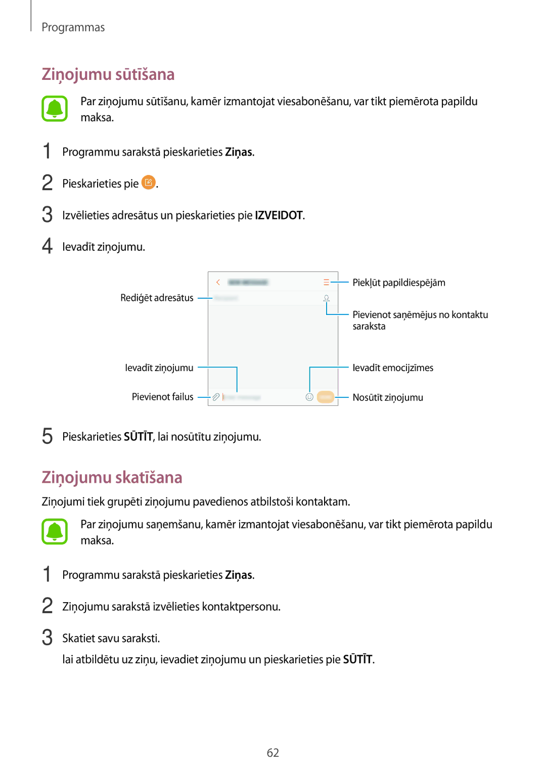 Samsung SM-G390FZKASEB manual Ziņojumu sūtīšana, Ziņojumu skatīšana, Pieskarieties SŪTĪT, lai nosūtītu ziņojumu 