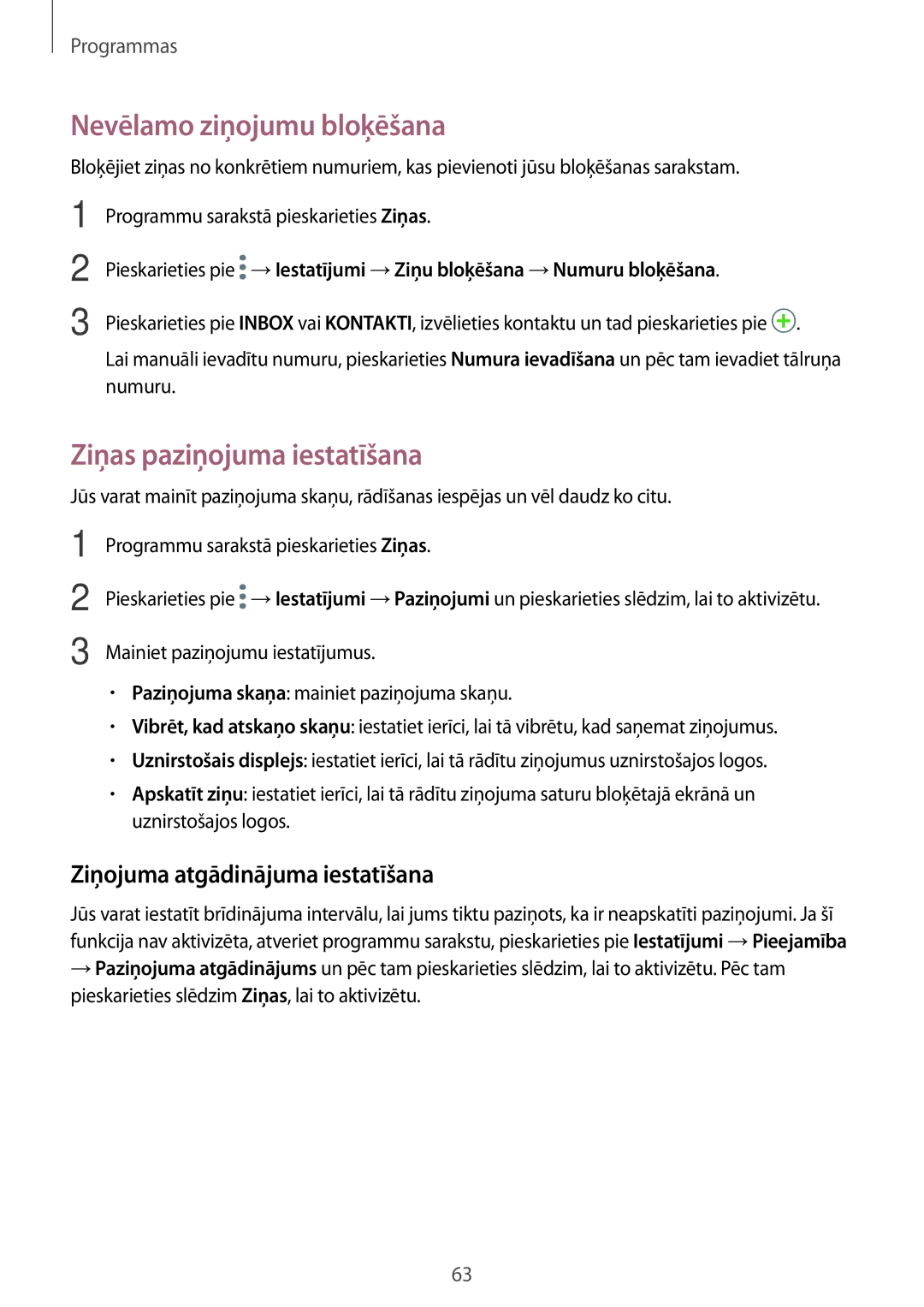 Samsung SM-G390FZKASEB manual Nevēlamo ziņojumu bloķēšana, Ziņas paziņojuma iestatīšana, Ziņojuma atgādinājuma iestatīšana 