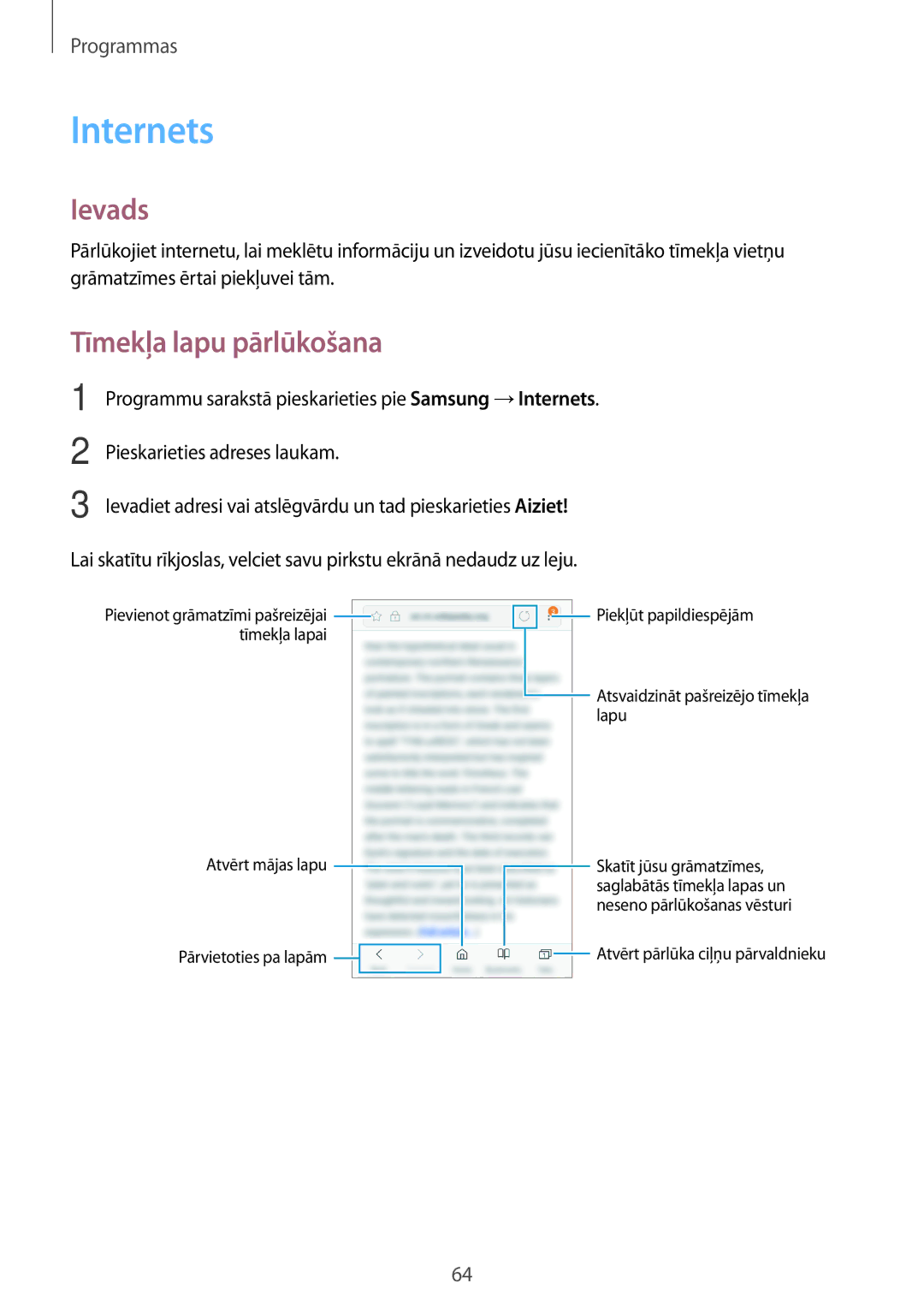 Samsung SM-G390FZKASEB manual Internets, Tīmekļa lapu pārlūkošana 