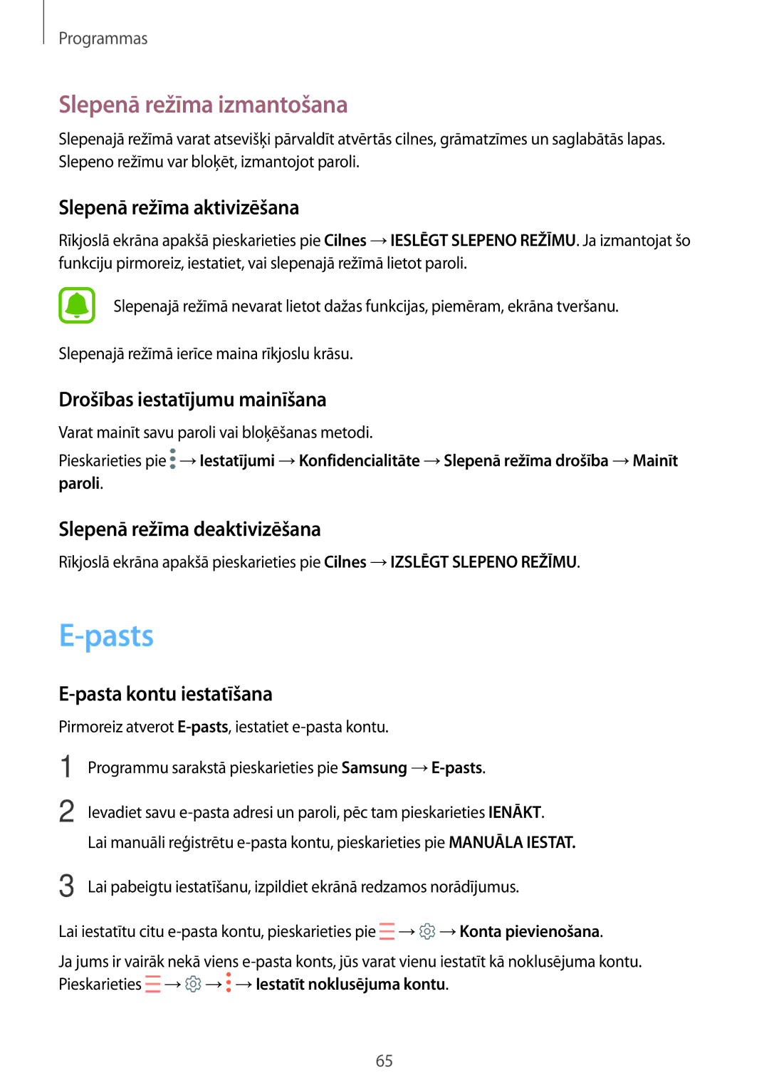 Samsung SM-G390FZKASEB manual Pasts, Slepenā režīma izmantošana 