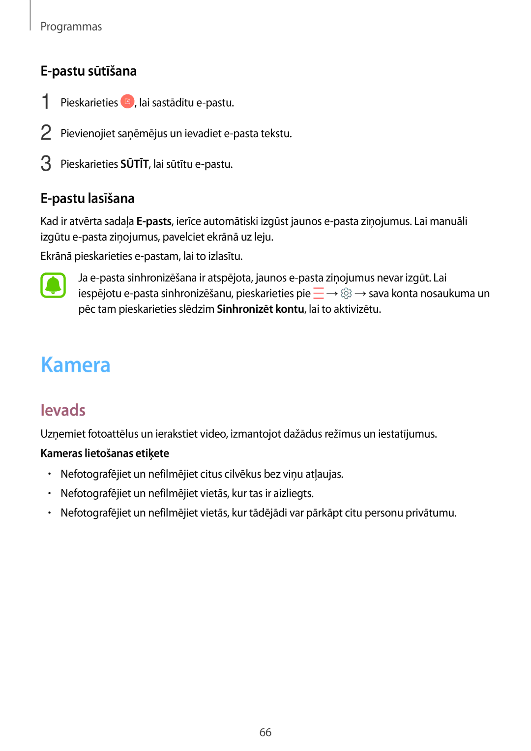 Samsung SM-G390FZKASEB manual Kamera, Pastu sūtīšana, Pastu lasīšana 