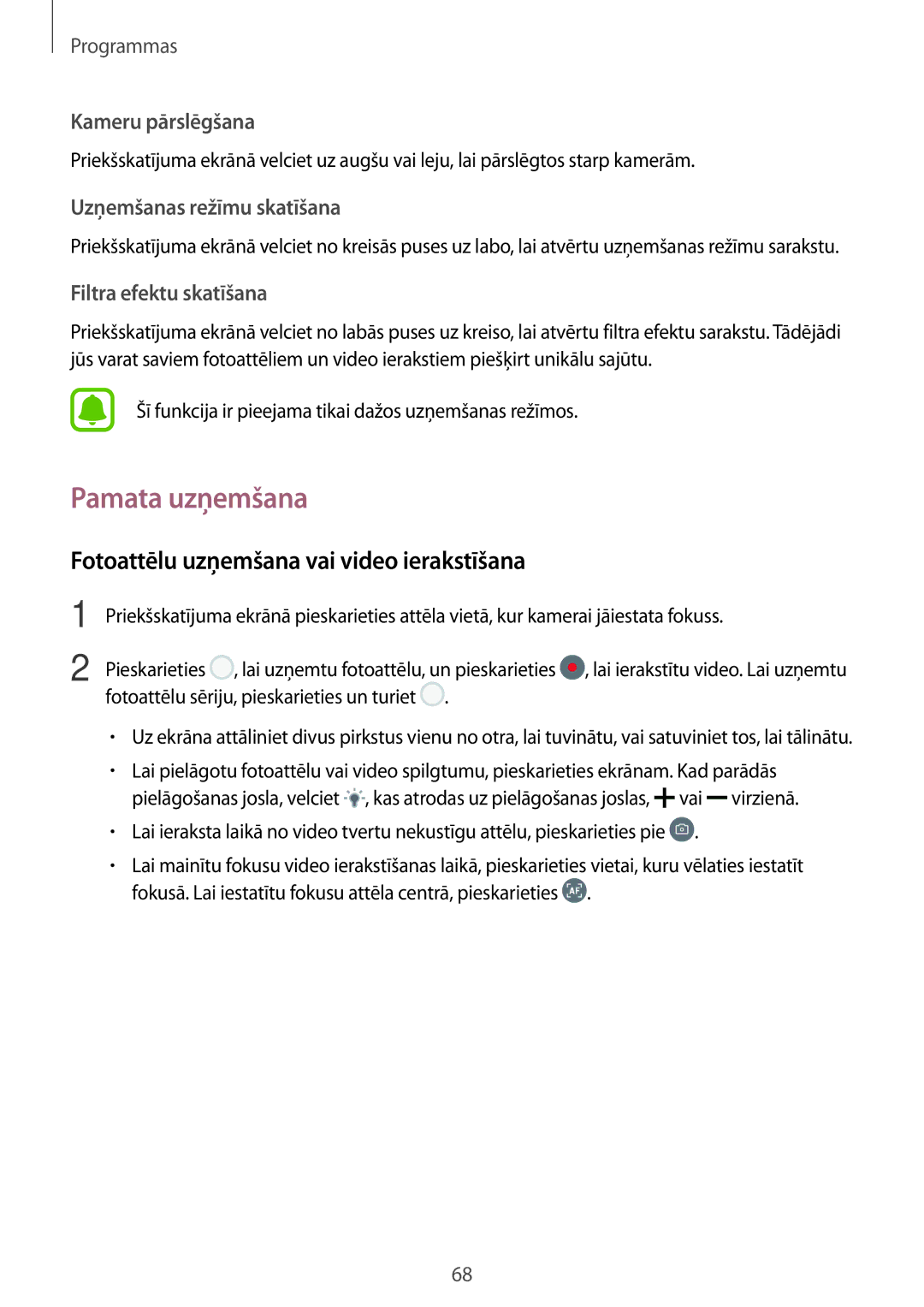 Samsung SM-G390FZKASEB manual Pamata uzņemšana, Fotoattēlu uzņemšana vai video ierakstīšana 