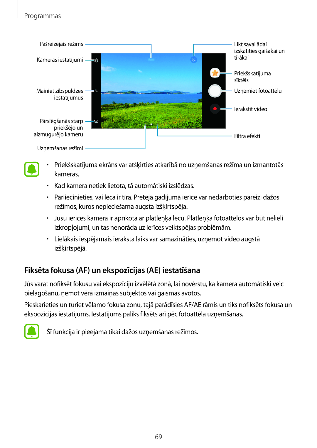 Samsung SM-G390FZKASEB manual Fiksēta fokusa AF un ekspozīcijas AE iestatīšana 