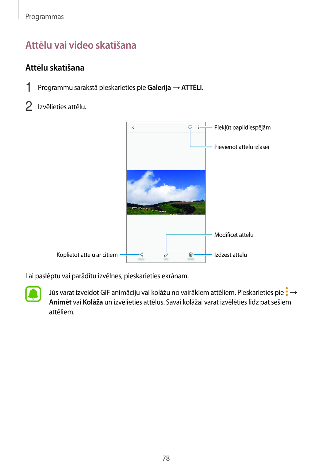 Samsung SM-G390FZKASEB manual Attēlu vai video skatīšana, Attēlu skatīšana 