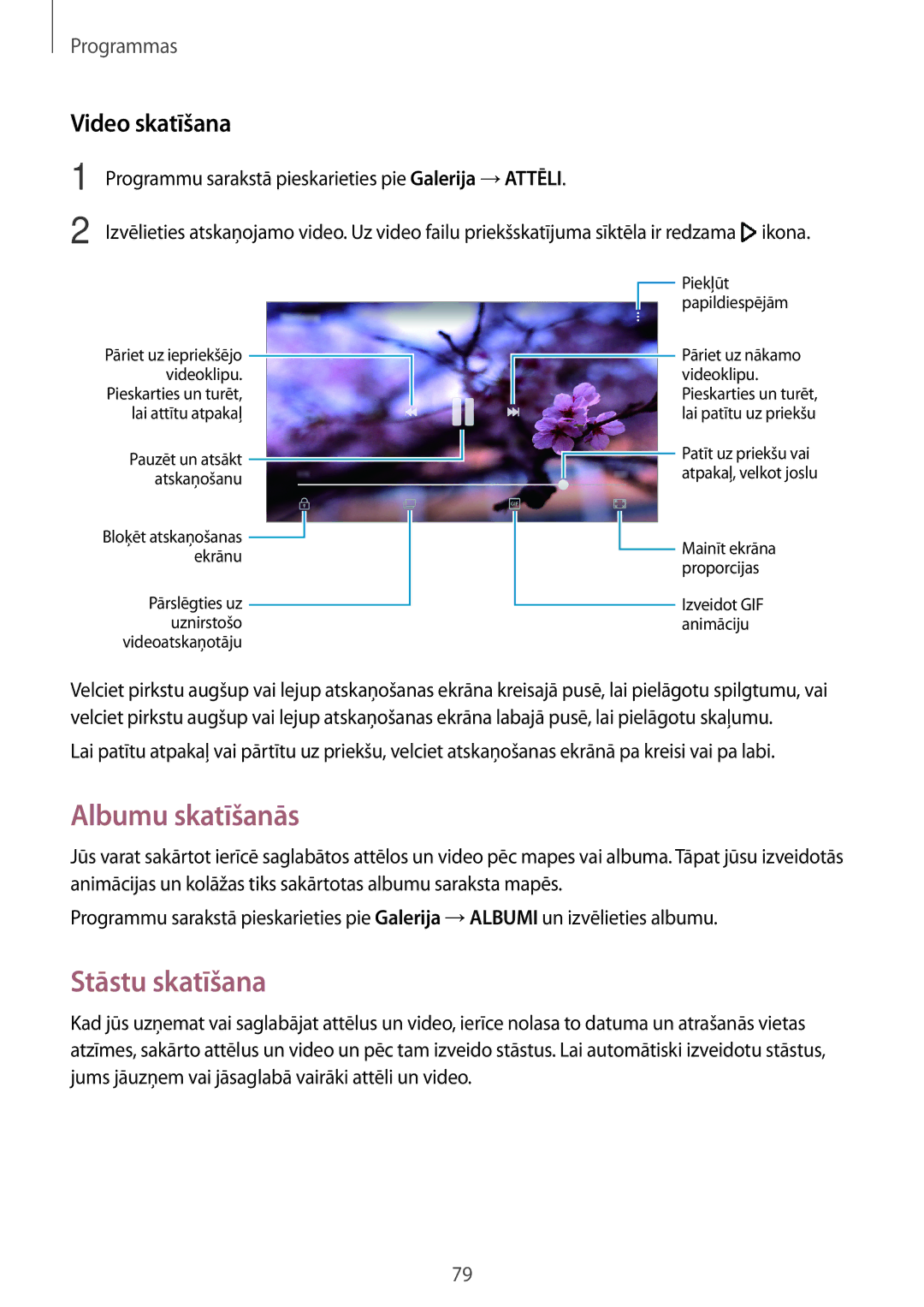 Samsung SM-G390FZKASEB manual Albumu skatīšanās, Stāstu skatīšana, Video skatīšana 