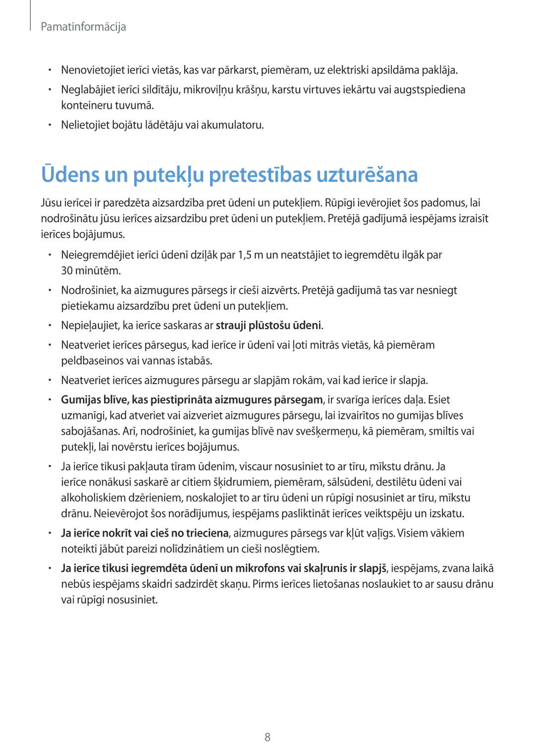 Samsung SM-G390FZKASEB manual Ūdens un putekļu pretestības uzturēšana 