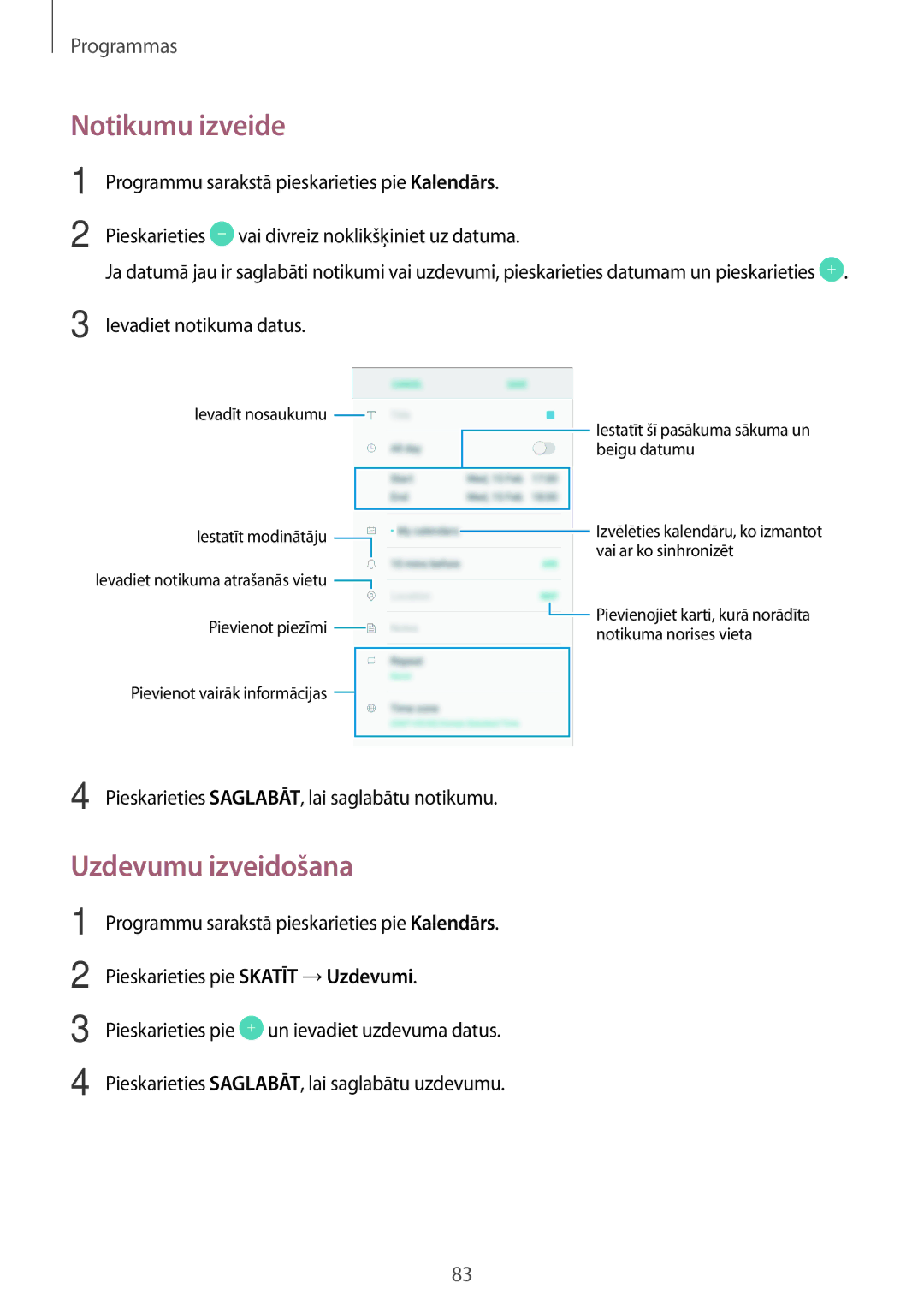 Samsung SM-G390FZKASEB manual Notikumu izveide, Uzdevumu izveidošana, Ievadiet notikuma datus 