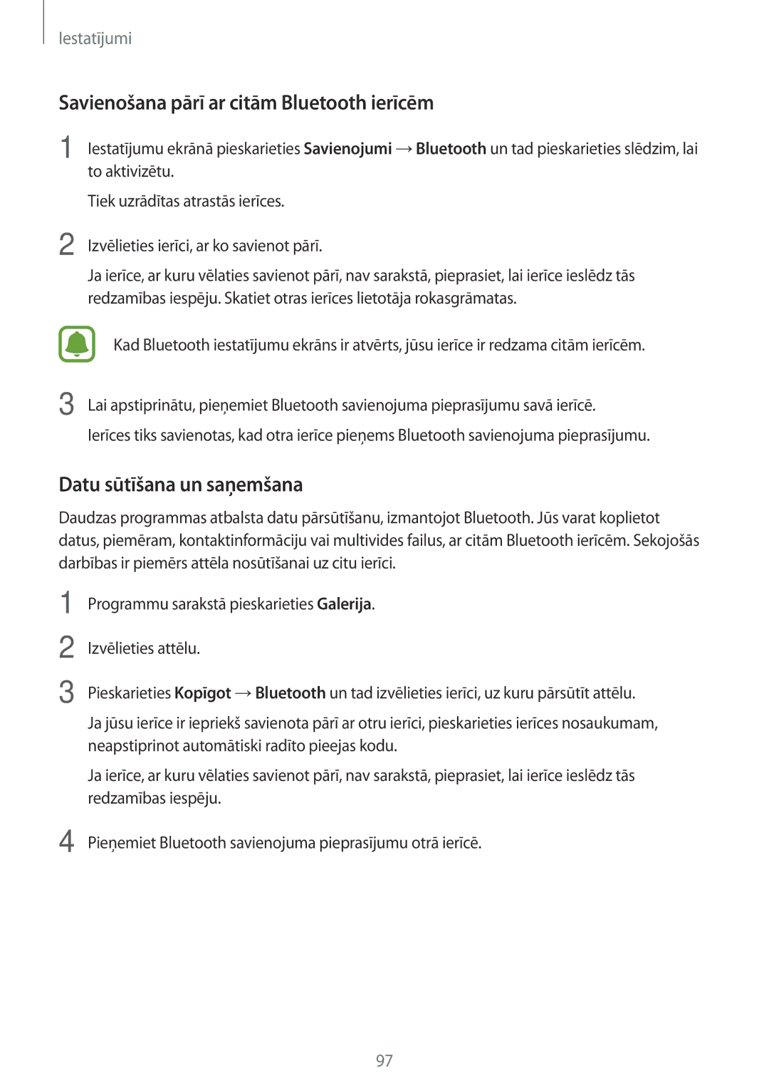 Samsung SM-G390FZKASEB manual Savienošana pārī ar citām Bluetooth ierīcēm, Datu sūtīšana un saņemšana 