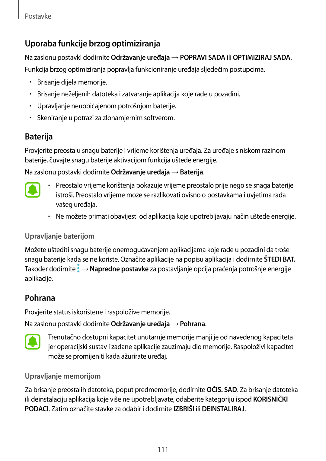 Samsung SM-G390FZKASEE manual Uporaba funkcije brzog optimiziranja, Baterija, Pohrana 