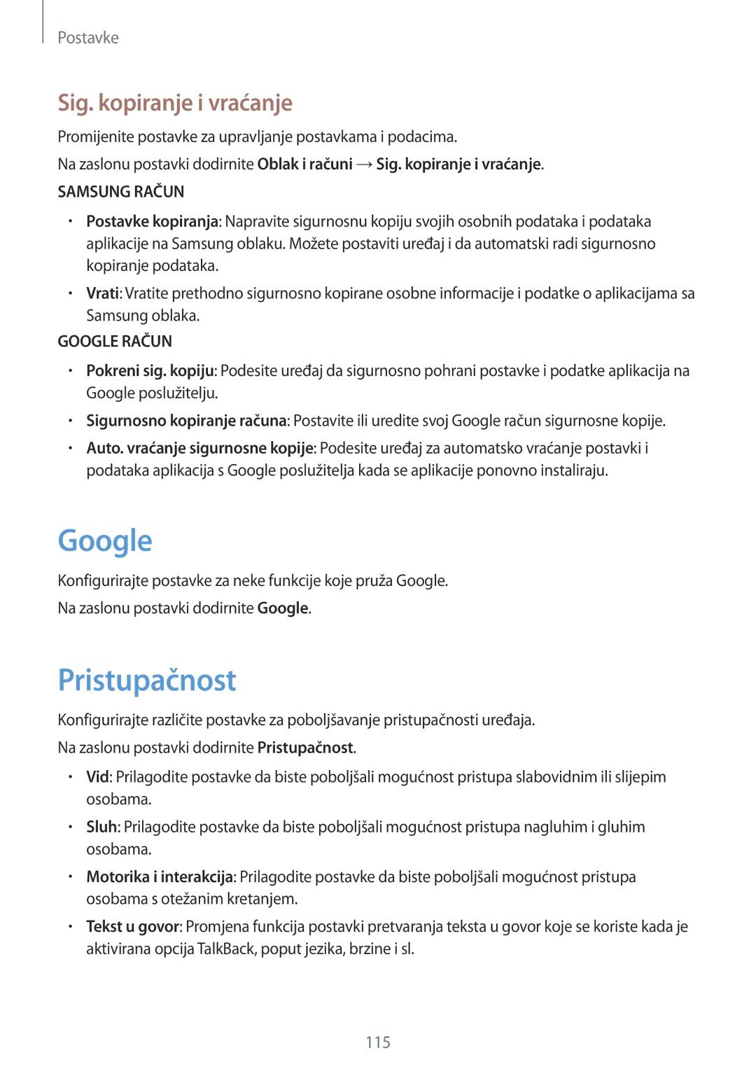 Samsung SM-G390FZKASEE manual Google, Pristupačnost, Sig. kopiranje i vraćanje 