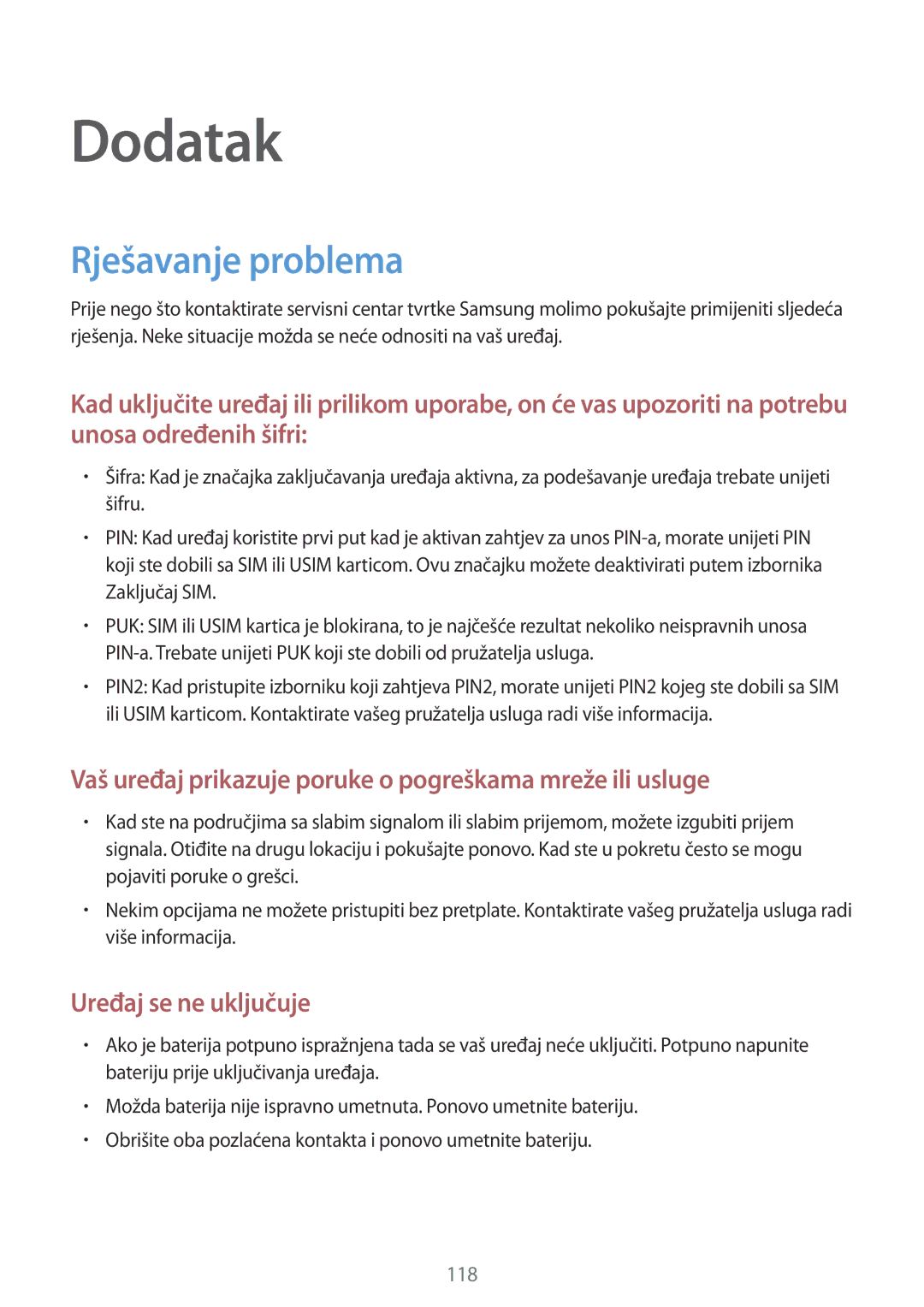 Samsung SM-G390FZKASEE manual Dodatak, Rješavanje problema 