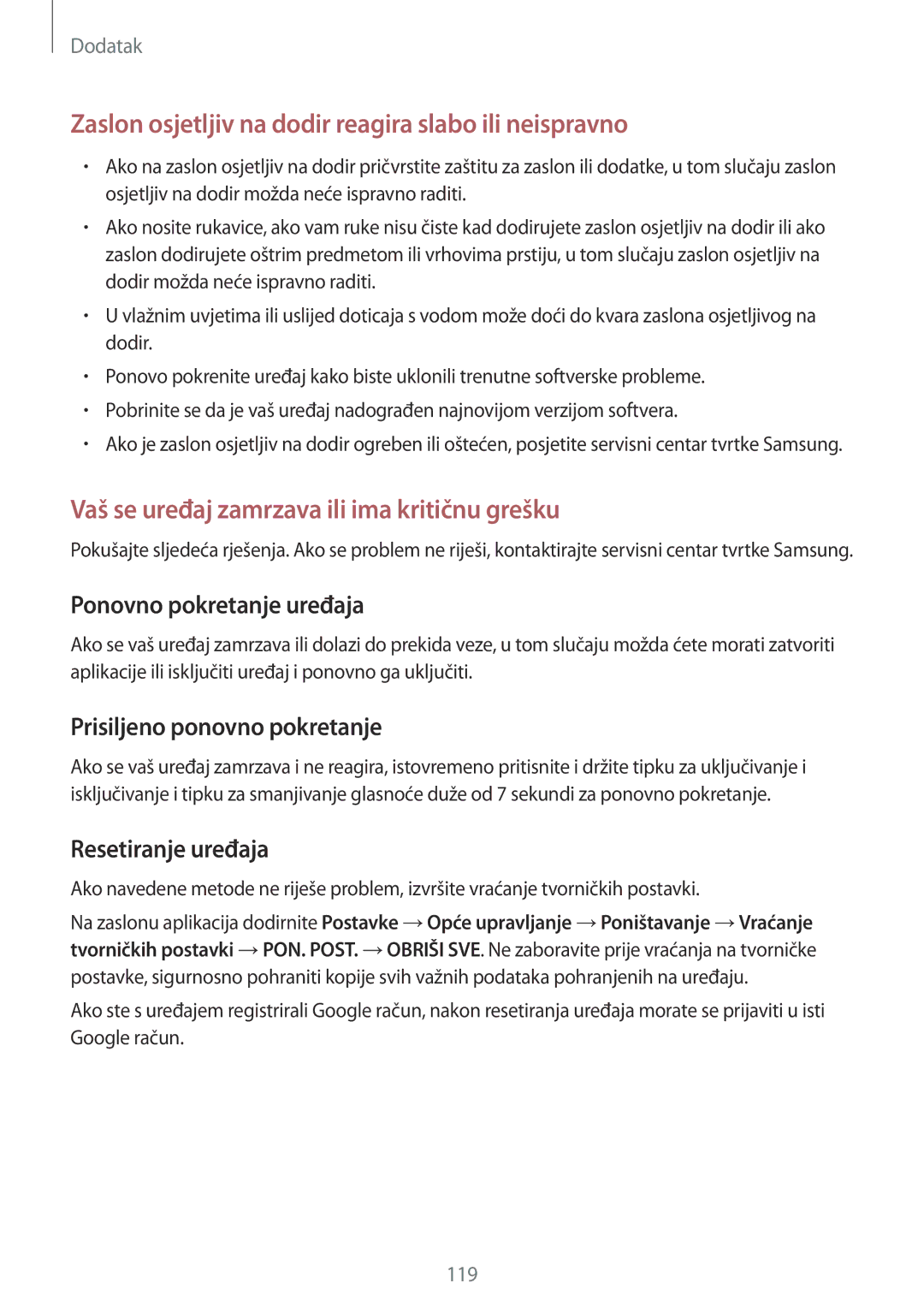 Samsung SM-G390FZKASEE manual Prisiljeno ponovno pokretanje, Resetiranje uređaja 