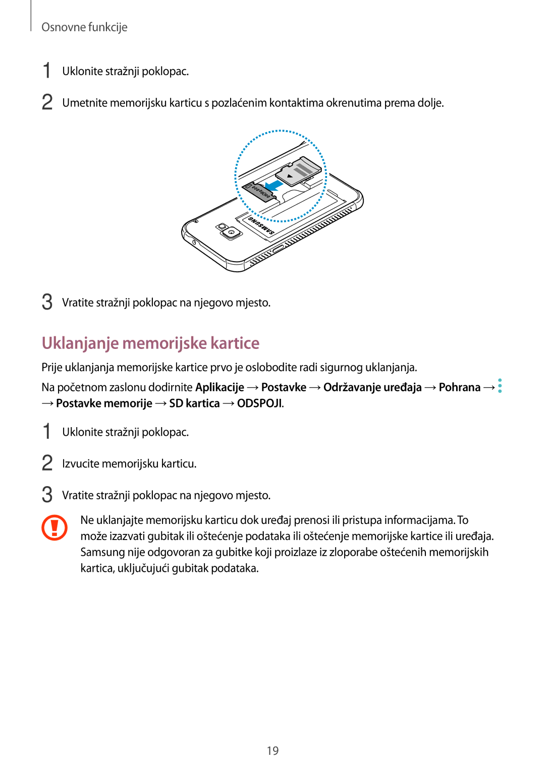 Samsung SM-G390FZKASEE manual Uklanjanje memorijske kartice, → Postavke memorije →SD kartica →ODSPOJI 