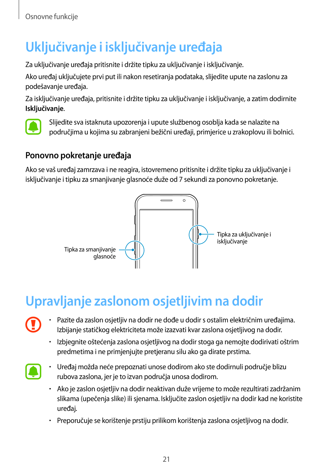 Samsung SM-G390FZKASEE manual Uključivanje i isključivanje uređaja, Upravljanje zaslonom osjetljivim na dodir 