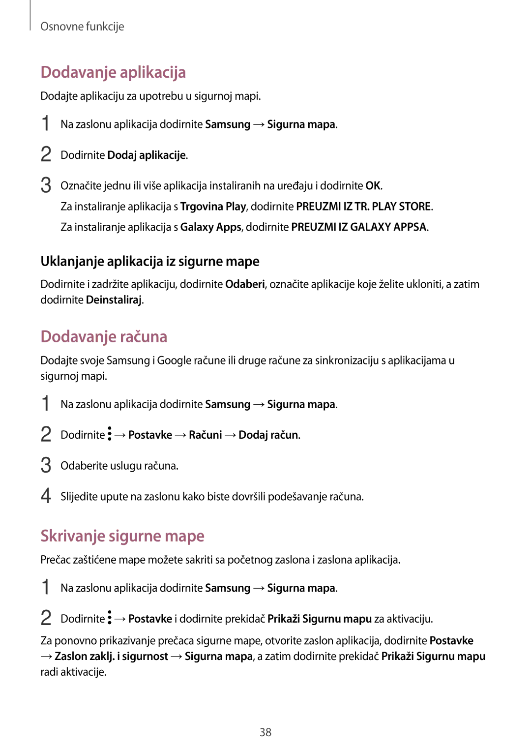 Samsung SM-G390FZKASEE manual Dodavanje aplikacija, Dodavanje računa, Skrivanje sigurne mape 