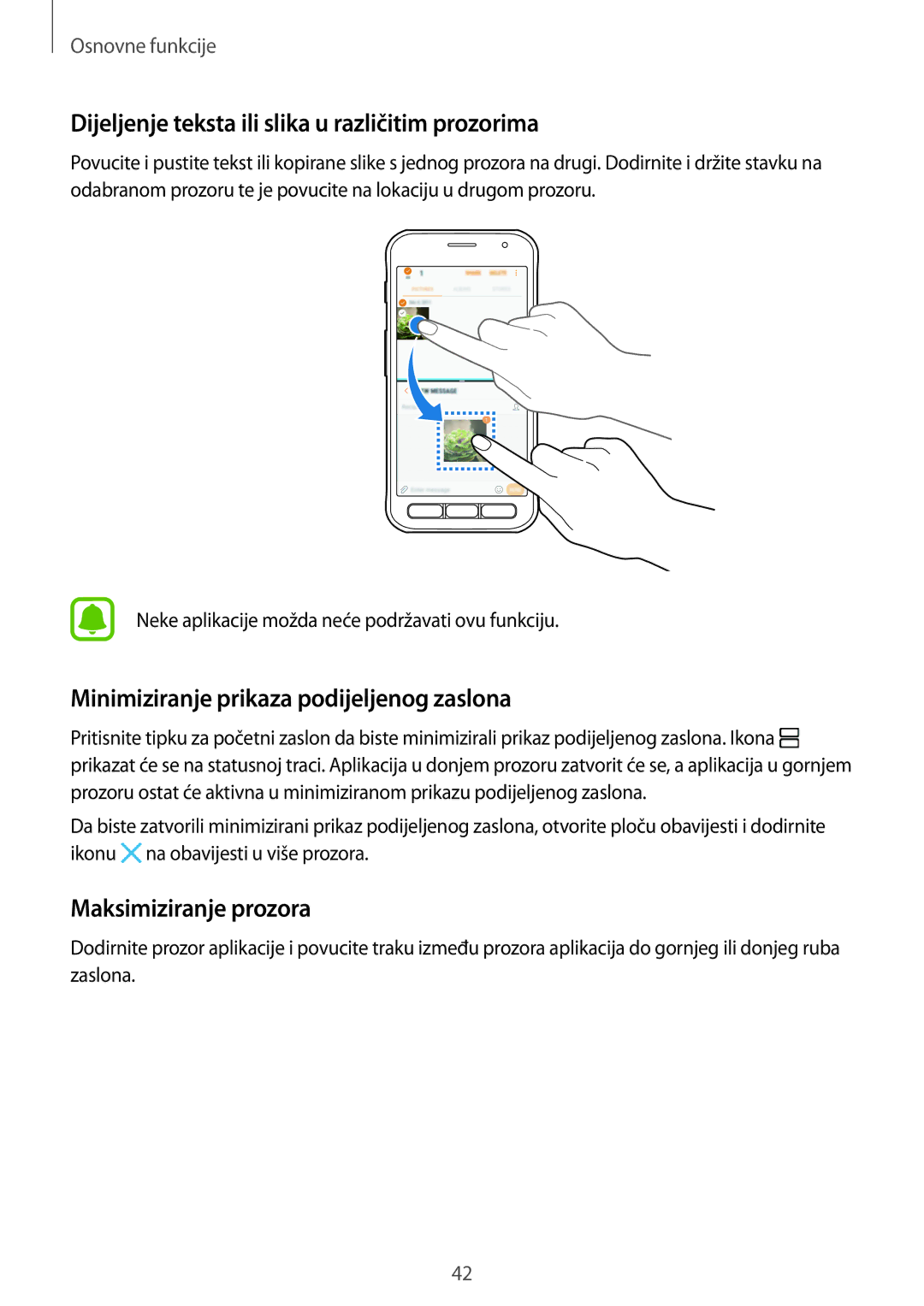 Samsung SM-G390FZKASEE Dijeljenje teksta ili slika u različitim prozorima, Minimiziranje prikaza podijeljenog zaslona 
