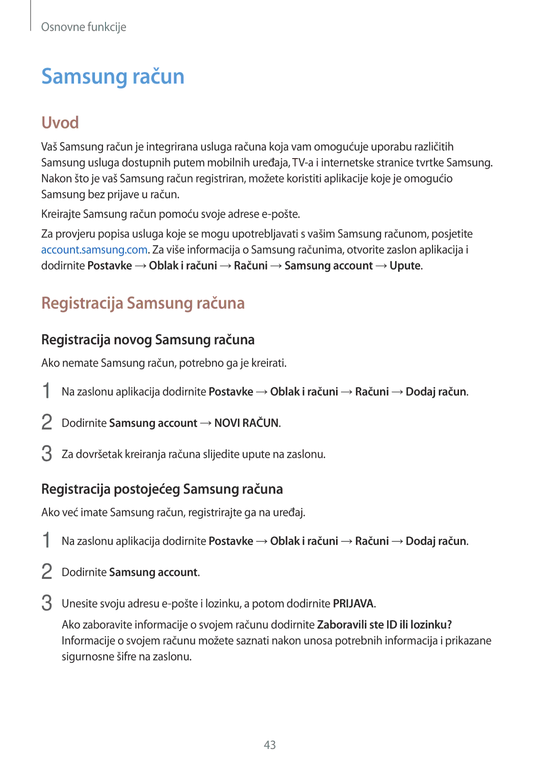 Samsung SM-G390FZKASEE manual Registracija Samsung računa, Registracija novog Samsung računa 