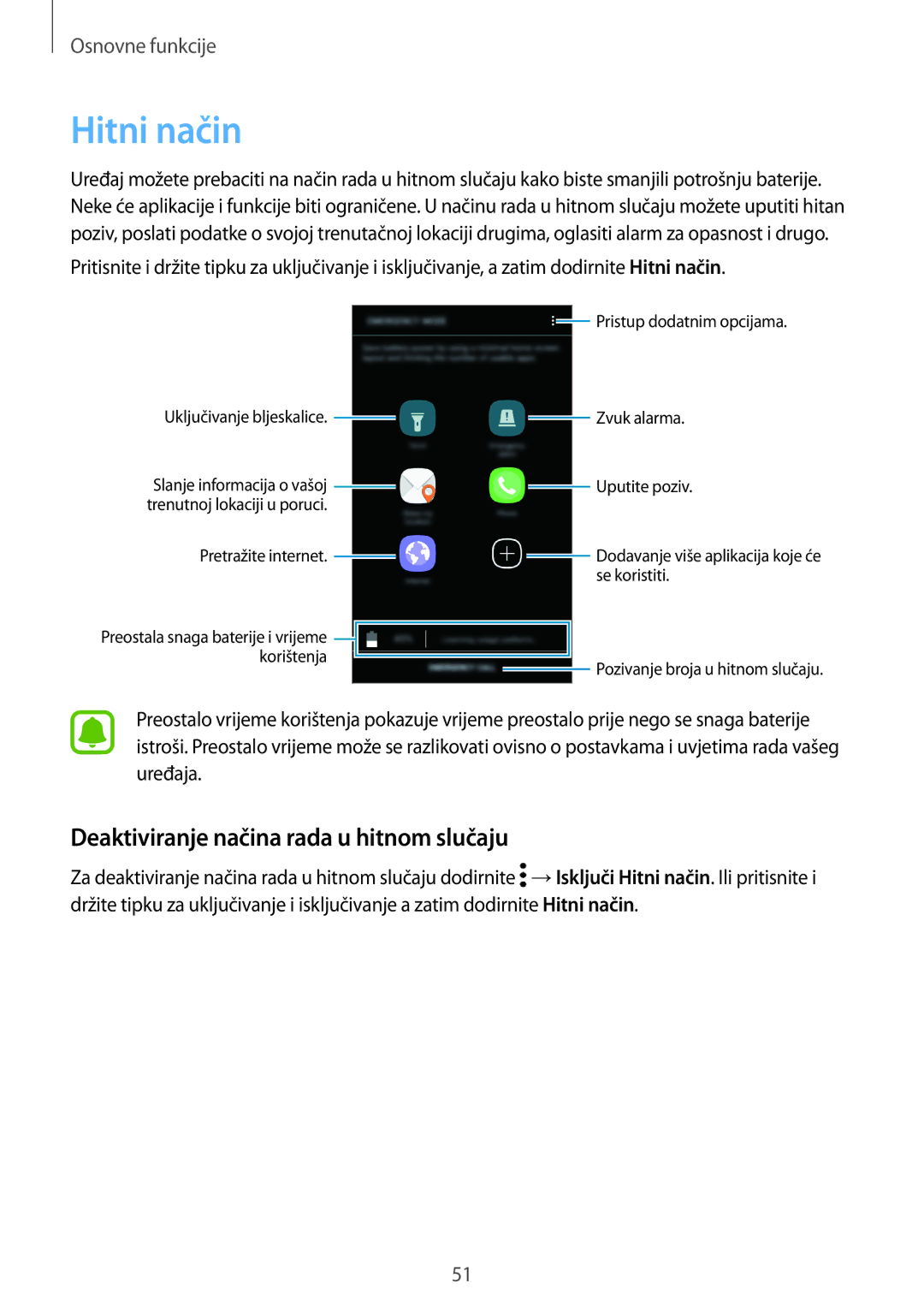 Samsung SM-G390FZKASEE manual Hitni način, Deaktiviranje načina rada u hitnom slučaju 