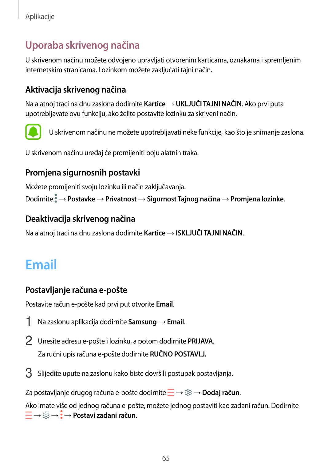 Samsung SM-G390FZKASEE manual Uporaba skrivenog načina, Aktivacija skrivenog načina, Promjena sigurnosnih postavki 