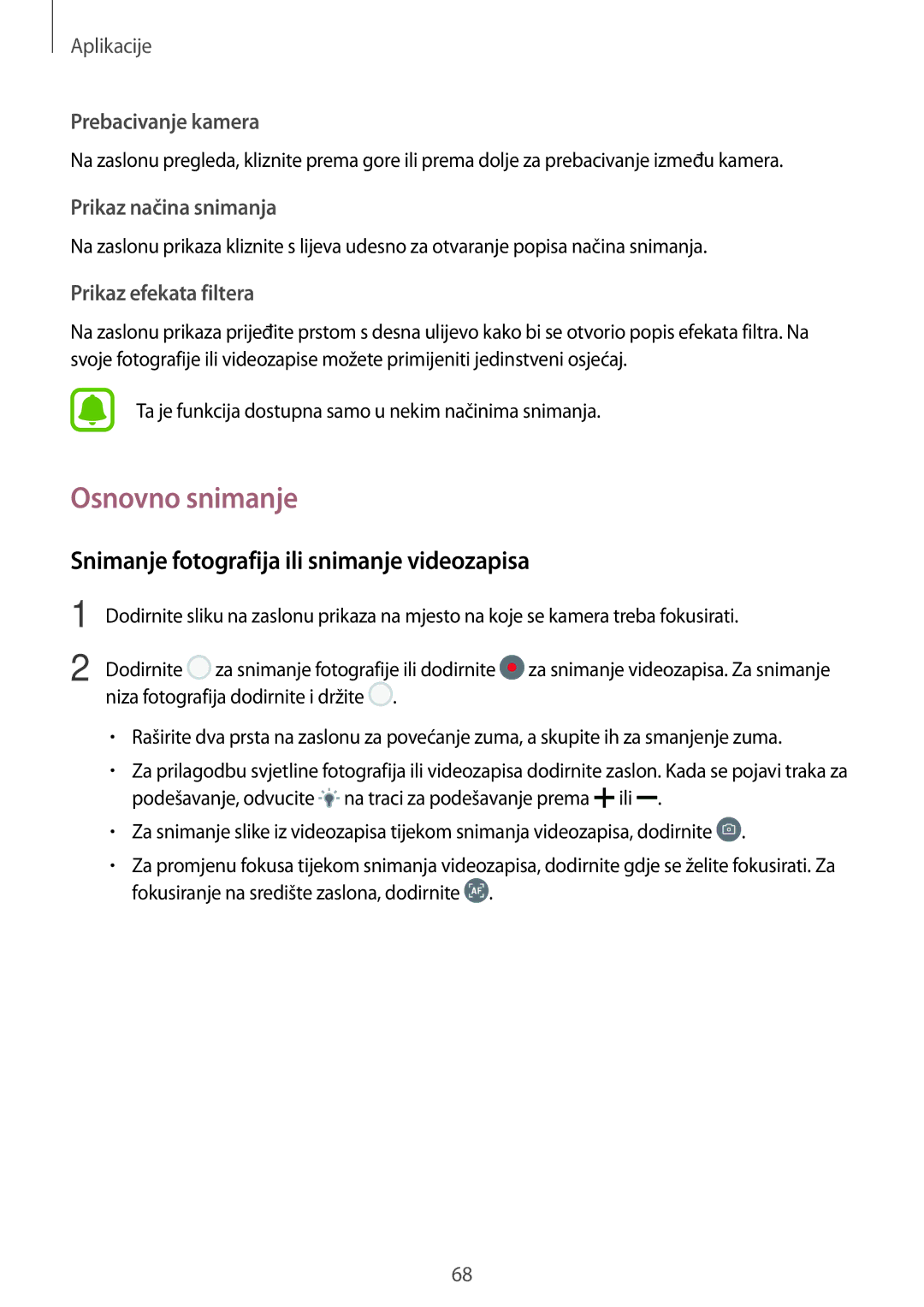 Samsung SM-G390FZKASEE manual Osnovno snimanje, Snimanje fotografija ili snimanje videozapisa 
