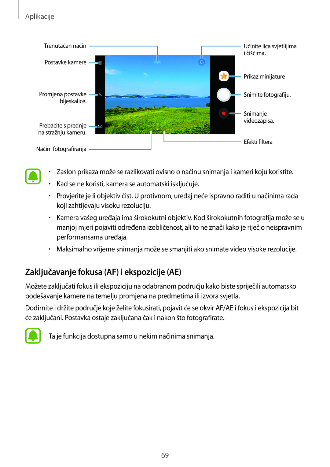 Samsung SM-G390FZKASEE manual Zaključavanje fokusa AF i ekspozicije AE 