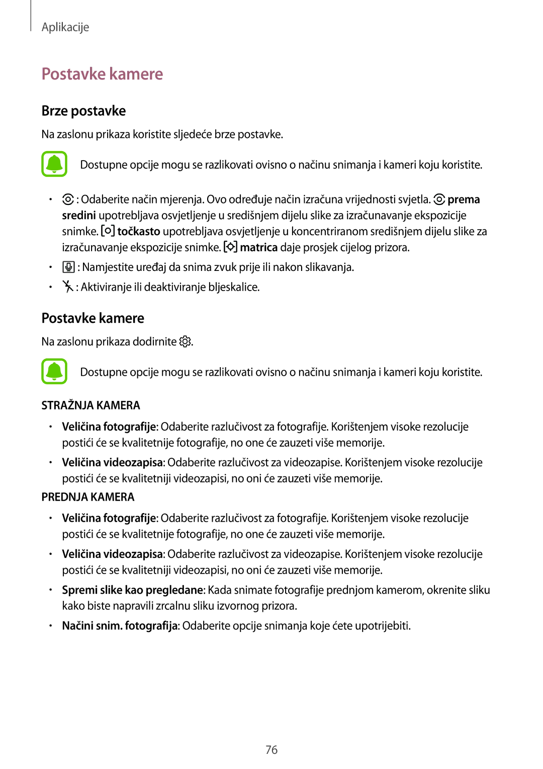 Samsung SM-G390FZKASEE manual Postavke kamere, Brze postavke 