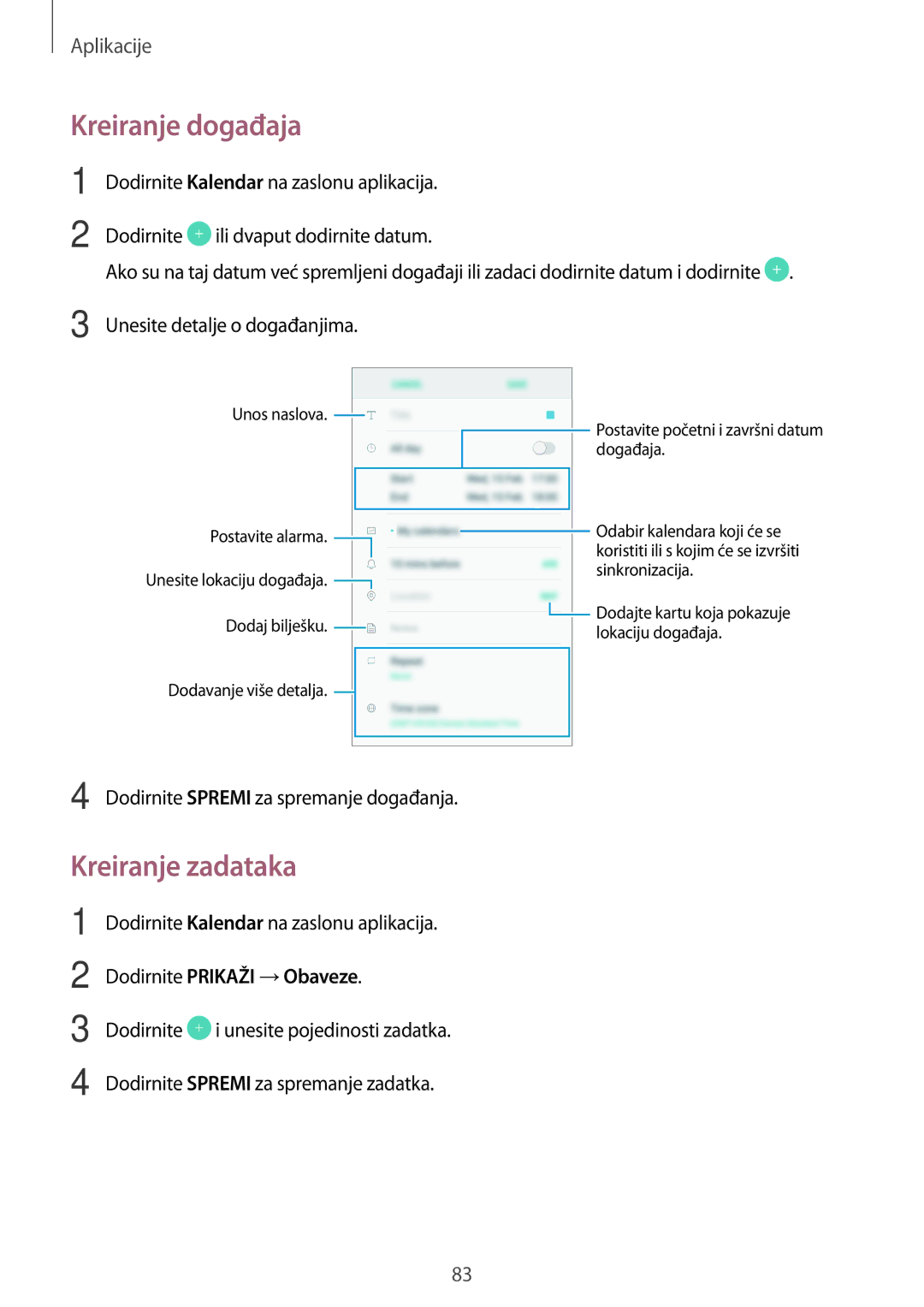 Samsung SM-G390FZKASEE manual Kreiranje događaja, Kreiranje zadataka, Dodirnite Prikaži →Obaveze 