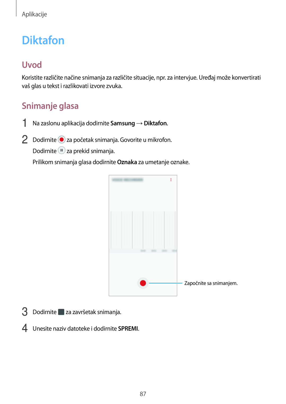 Samsung SM-G390FZKASEE manual Diktafon, Snimanje glasa 