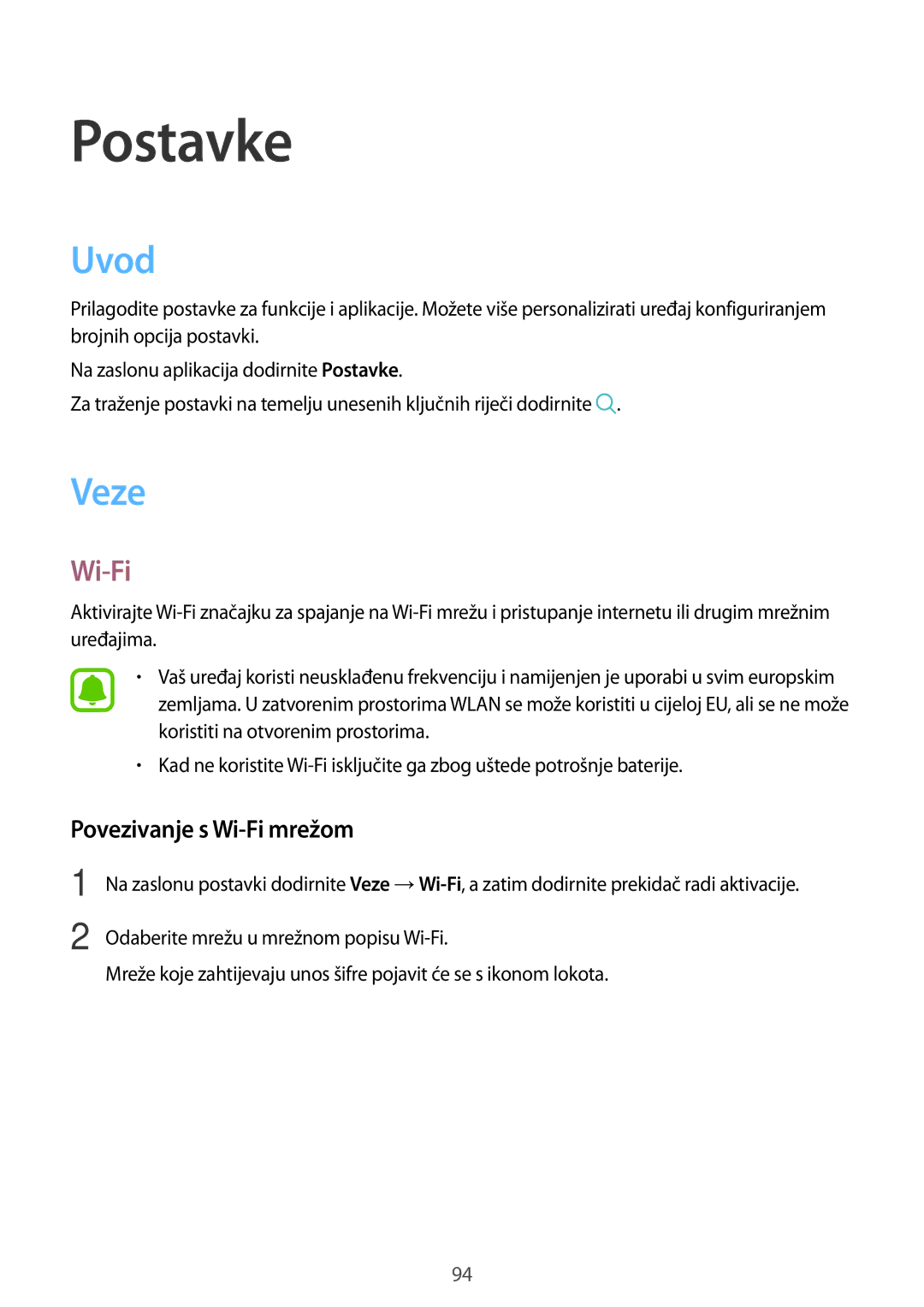 Samsung SM-G390FZKASEE manual Uvod, Veze, Povezivanje s Wi-Fi mrežom 