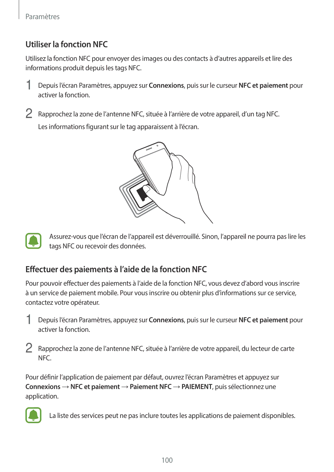 Samsung SM-G390FZKAXEF manual Utiliser la fonction NFC, Effectuer des paiements à l’aide de la fonction NFC 