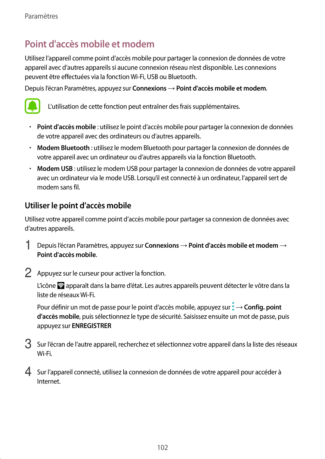 Samsung SM-G390FZKAXEF manual Point daccès mobile et modem, Utiliser le point d’accès mobile 