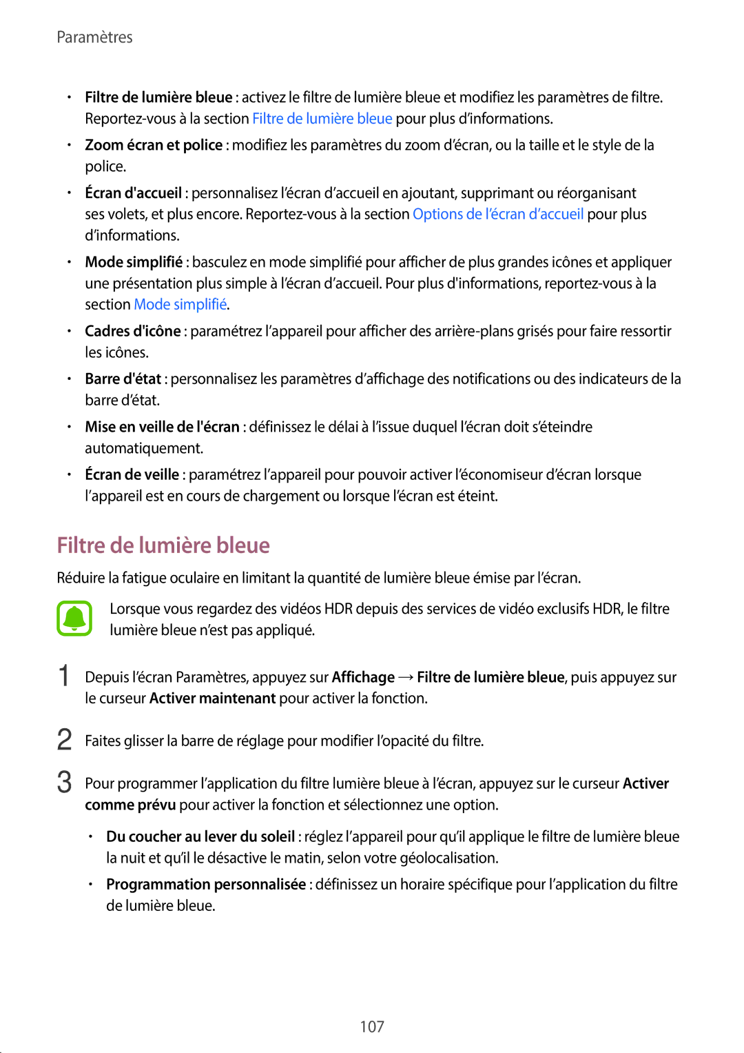 Samsung SM-G390FZKAXEF manual Filtre de lumière bleue 