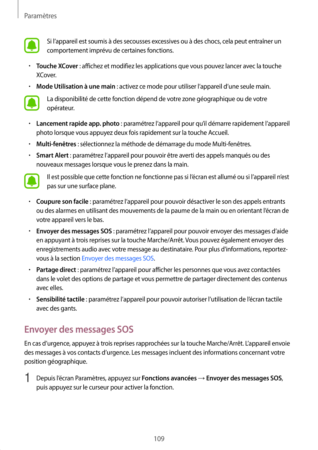 Samsung SM-G390FZKAXEF manual Envoyer des messages SOS 